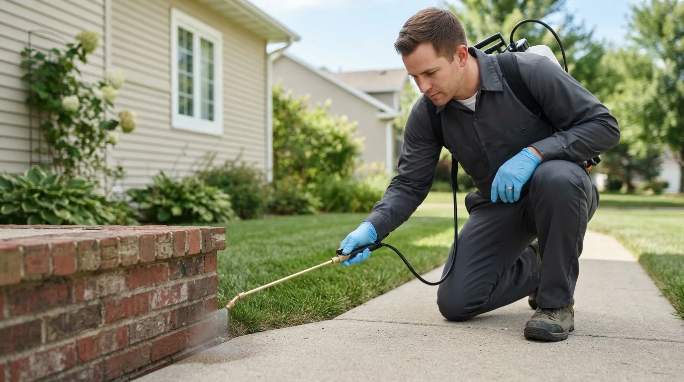 Pest control technician treating a home near Danville, NH